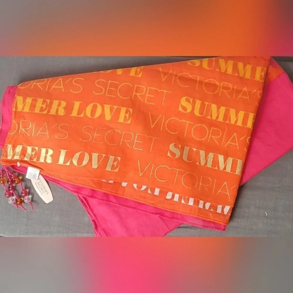 NWT Victoria’s Secret Y2K Pink Orange Logo Scarf Beaded Summer Wrap